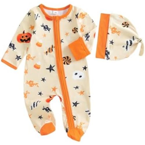 My First Halloween Baby Boy Outfit Ghost/Pumpkin Long Sleeve Zipper Footie Romper Jumpsuit Newborn Fall Clothes Hat