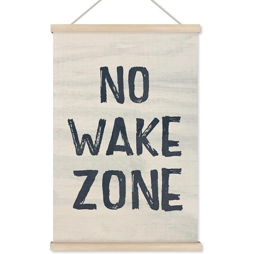 HRQKO No Wake Zone Sign Poster Hanger Frame, Lake House Decor, Lake Decor, Nautical Ocean Wall Art with Wooden Frames, Navy Blue Surf Wall Hanging Banner Decor for Boy Nursery Bedroom, 16x24 Inch