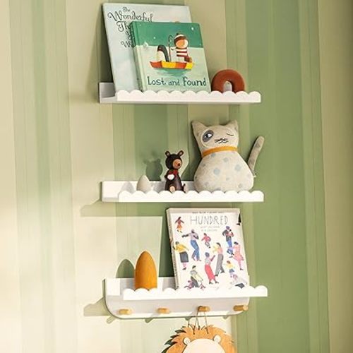 SANOA & CO. Nursery Book Shelves for Wall – 16.5" Nursery Wall Decor, Floating Bookshelf for Kids Room, White Book Shelf Decor - Wave Style, 3-Pack