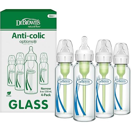 Dr. Brown's Anti-Colic Options+ Narrow Glass Baby Bottle with Level 1 Slow Flow Nipple, BPA-Free, 8 oz/250 mL, 4-Pack