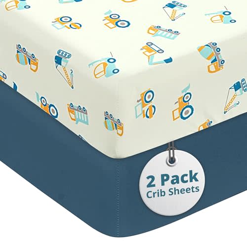 Little Peaches Crib Sheets for Boys - Super Soft & Breathable Toddler Sheets, Portable Crib Fitted Sheet for Boys, 4 Way Stretch Knitted Fitted Crib Sheet, Baby Bedding, 2 Pack - Car & Estate Blue