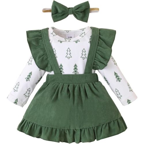 Newborn Baby Girl Clothes Toddler Long Sleeve Cute Romper Top Ruffle Skirt Overall Dress With Headband - Green - 12-18 Months