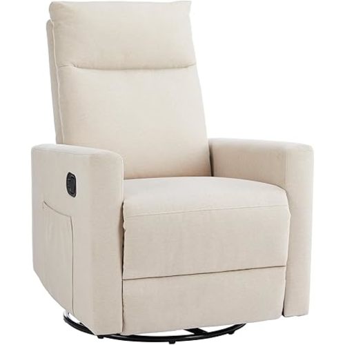 Sweetcrispy Recliner Chair, Swivel Rocking, Glider Rocker Recliners, Nursery Chairs with Extra Large Footrest for Living Room, High Back, Upholstered Deep Seat, Beige