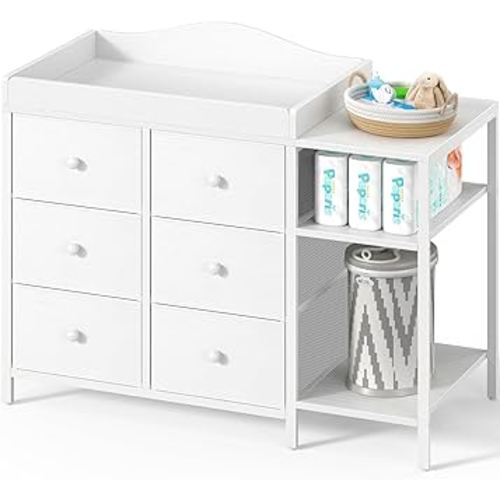 BOLUO Baby Dresser with Changing Table Top, Black Changing Table Dresser with 6 Fabric Drawers Diaper Changing Station with Storage Shelf for Nursery Modern