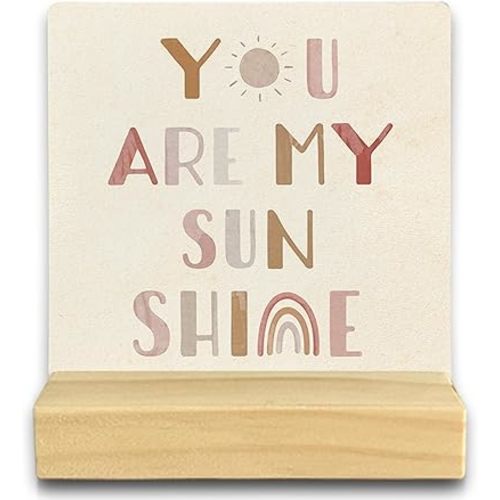 QASHWEY Nursery Shelf Decor, Boho Desk Shelf Decor, Motivational Boho Sun Rainbow You Are My Sunshine Wooden Plaque with Wooden Stand for Home Nursery