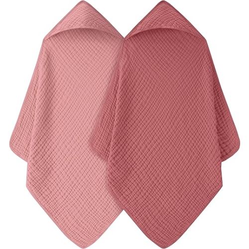 Baby Bath Towels, 100% Muslin Cotton Hooded Baby Towels Girl for Newborn, 2 Pack Pink Baby Towels with Hood for Infant Toddler and Kids, Large 32x32Inch, Soft and Absorbent