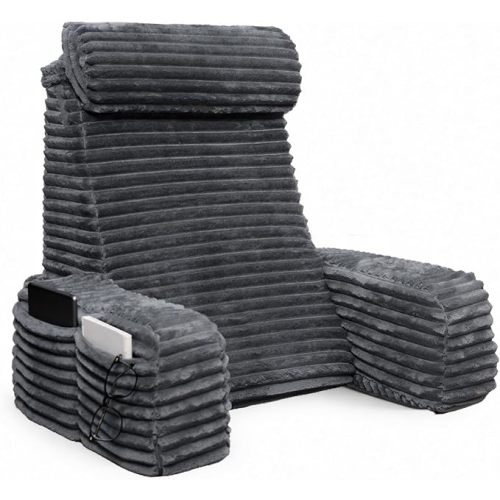ENITYA 22" XL Back Pillow for Bed Sitting Up with Armrests & Big Pockets