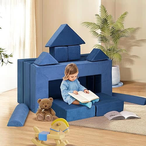 MAGIC UNION 12PCS Modular Kids Play Couch, DIY Convertible Block Foam Toddler Couchs Building Fort Bed for Playing, Creativing, Sectional Child Couch Kids Sofa Furniture for Playroom (Blue)
