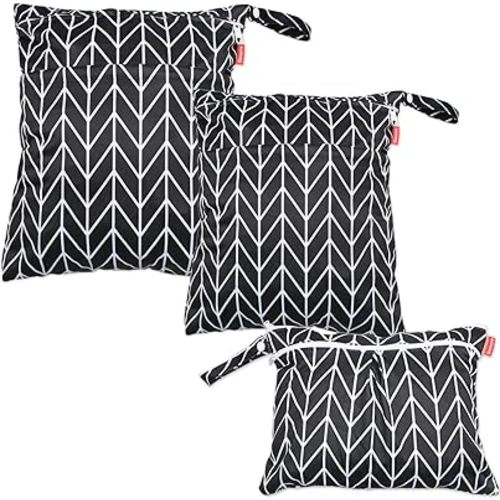 Damero 3pcs Travel Wet and Dry Bag with Handle for Cloth Diaper, Pumping Parts, Clothes, Swimsuit and More, Easy to Grab and Go, Black Arrows