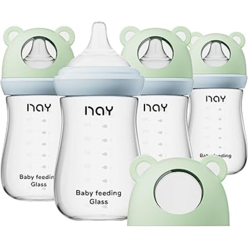 yanyoyo Natural Glass Baby Bottle for Breastfeeding Babies, 8oz Anti-Colic Baby Bottle with Natural Response Nipple(M), Clear, Wide Neck, 4 Pack, 3 Months+