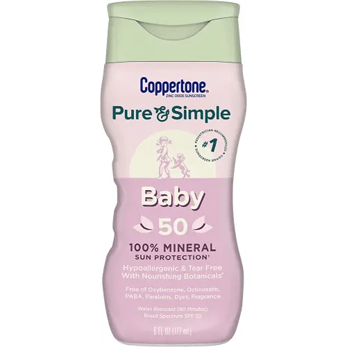 Coppertone Pure and Simple Baby Sunscreen Lotion SPF 50, Broad Spectrum Sunscreen for Baby, 6 Fl Oz Bottle