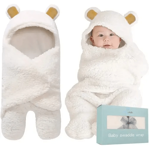 BlueMello Baby Bear Swaddle Blanket | Ultra-Soft Plush Essential for Infant 0-6 Months | Receiving Swaddling Wrap White | Ideal Newborn Registry and Toddler Boy Accessories | Perfect