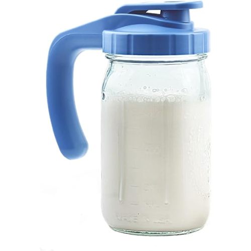 Breast Milk Pitcher, 32oz Mason Jar Pitcher with Pour Spout Lid & Leak Proof, 1 Quart Breastmilk Storage Container for Sun Lemonade & Iced Tea, Blue