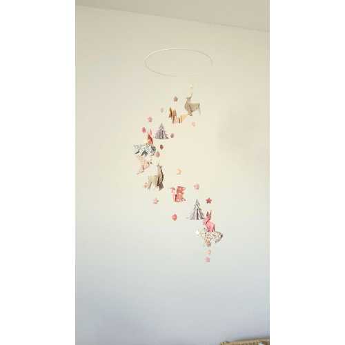 Origami Baby Mobile Enchanted Forest Animals with Stars in Spiral, green and mint blue tones