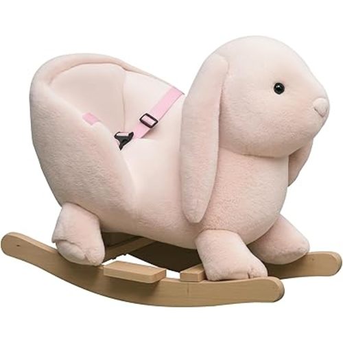 Qaba Rabbit Wooden Rocking Horse with Simulated Sound, Wooden Base, Seat Belt, Plush Stuffed Rocking Chair for Baby, Toddler, 18-36 Months, Pink