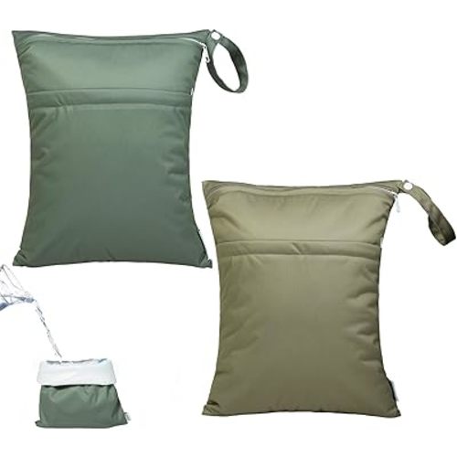 ALVABABY 2pcs Waterproof Wet Dry Bags,Reusable with Two Zippered Pockets,Baby Cloth Diaper,Travel,Beach,Pool,Daycare,Soiled Baby Items,Yoga Gym Bag,Swimsuits or Wet Clothes LW2122