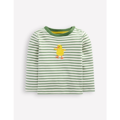 Long Sleeve Appliqué T-shirt-Ivory and Newt Green Stripe | Boden USA