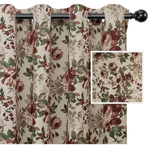 Easy-Going Floral Printed Blackout Curtain 63 Inch Length Grommet Thermal Insulated Room Darkening Window Curtain for Bedroom, Living Room, Kids Room (Set of 2 Panels, Beige)