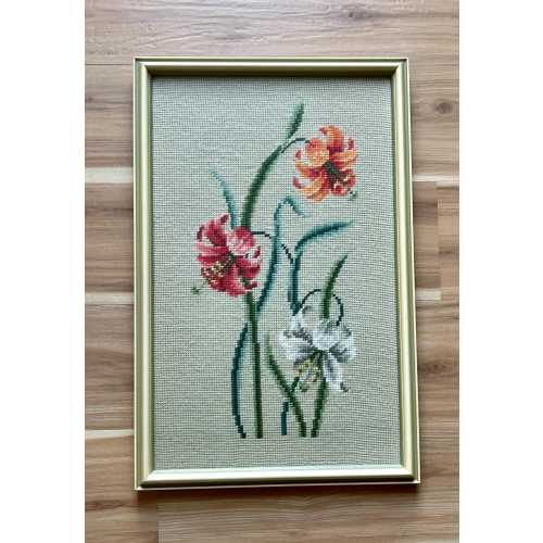 Vintage Framed Needlepoint Lilies | 17" x 11" | 1970s-1980s | Beige Background | Orange Red and White Flowers | Tiger Lily | Embroidery