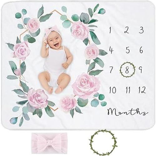 Baby Milestone Blanket for Baby Girl, Baby Monthly Milestone Blanket Girl, Newborn Baby Blankets for Girls Months Photography Background, Baby Growth Chart Blanket, Floral Nursery Blanket