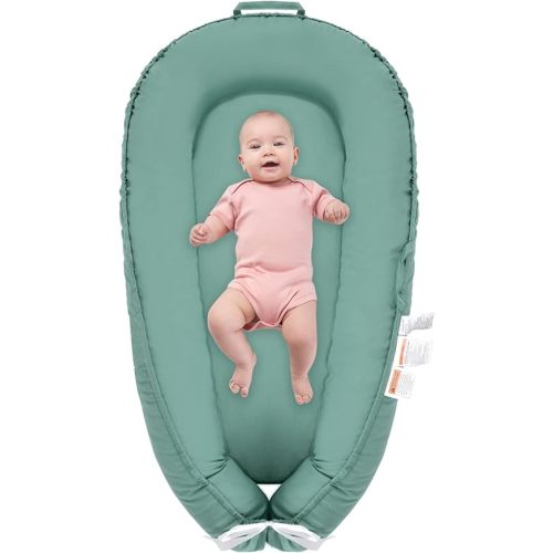 Baby Lounger for Newborn, 100% Cotton Soft Breathable Baby Lounger Newborn Essentials for 0-24 Months, Portable Infant Lounger Baby Nest Cover for Girls & Boys, Co Sleeper for Baby in Bed,Green