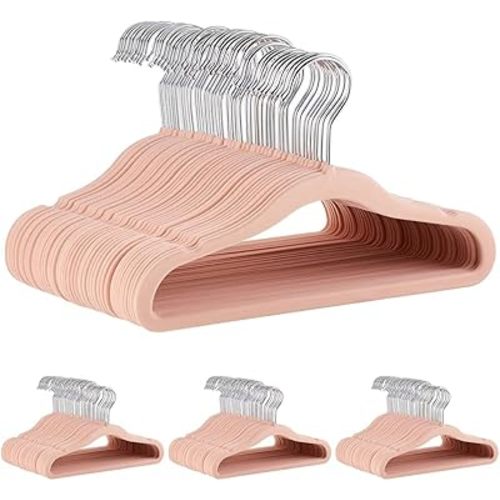 Amazon Basics Kids Velvet, Non-Slip Clothes Hangers for Infant and Toddler, 11.6 in (for Baby Clothes), Pack of 50, Blush (Pack of 4)