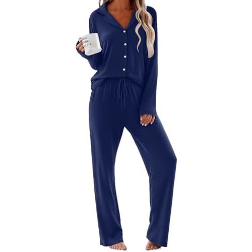 Ekouaer Women Pajamas Set Long Sleeve Sleepwear Button Down Pjs Soft 2 Piece Loungewear with Long Pants