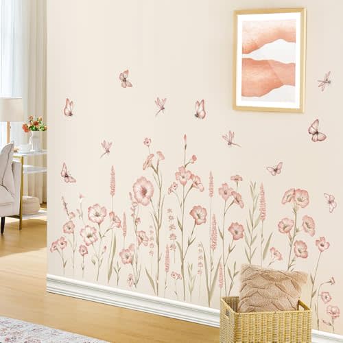 SHUCHING 54''X27 Pink Flower Wall Stickers Peel and Stick, Vinyl Wildflower Wall Decals, Floral Wall Decor Art for Living Room Girl Bedroom