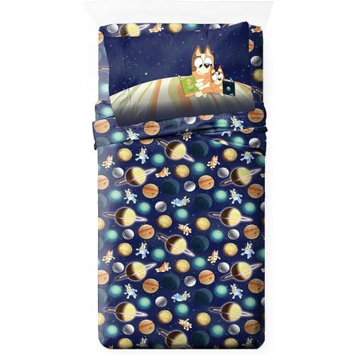Jay Franco Kids Sheet Set with Fitted, Flat Sheets & Pillow Cover - Ultra-Soft Bedding with Pillowcase for Room Decor, Blue - Bluey & Bingo, 3 Piece Toddler