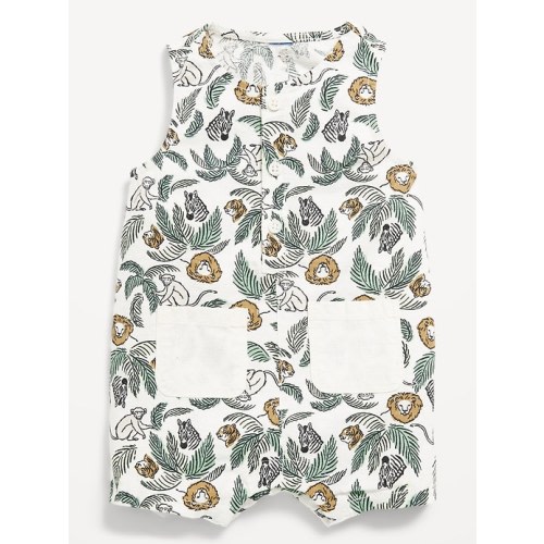 Printed Sleeveless Linen-Blend Henley One-Piece Romper for Baby