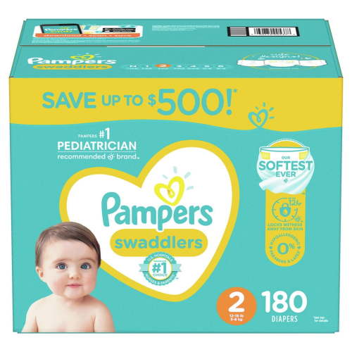 Pampers Swaddlers Size 2 Diapers, Ultra-Soft Absorbent, Hypoallergenic, Leak-Guard, 180 Pieces for 4-7 Months