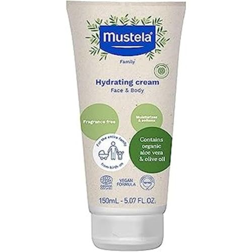 Mustela Certified Organic Hydrating Cream - Natural Body Lotion w/Olive Oil, Aloe Vera & Sunflower Oil - For Baby, Kid & Adult - Fragrance Free, EWG Verified & Vegan - 5.07 oz. - Packaging may vary