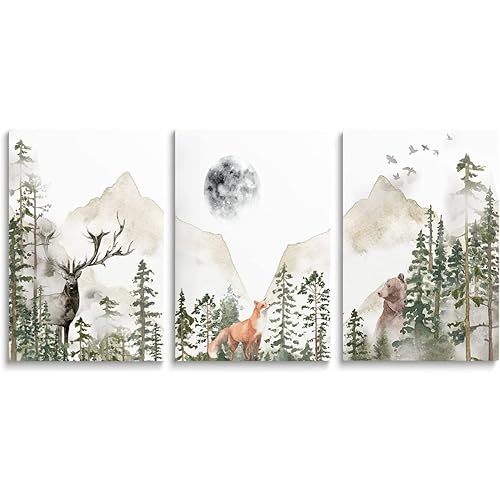 SKYSUKEY Nursery Wall Decor Wild Woodland Animals Wall Art Foggy Forest Wall Art Adventure Theme Nursery Decor Watercolor Mountain Wall Art Beige Green Canvas Prints for Boy's Room Girl's Room Nursery