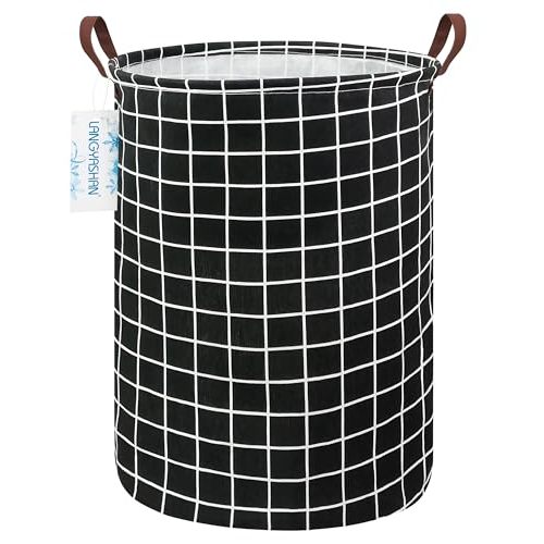 LANGYASHAN Laundry Basket Canvas Fabric Collapsible Organizer Basket for Storage Bin Toy Bins Gift Baskets Bedroom Clothes Children Nursery Hamper (Black Grid)