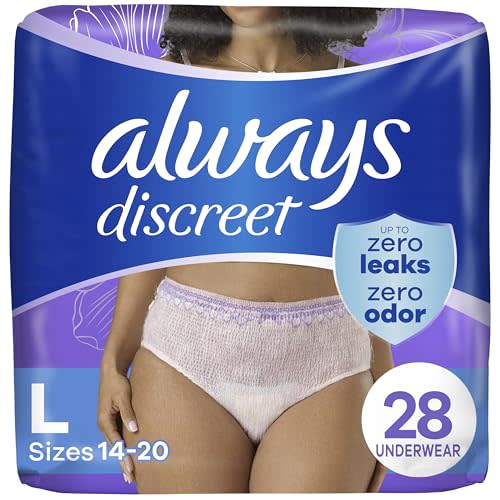 Always Discreet Adult Incontinence Underwear for Women and Postpartum Underwear, Large, Up to 100% Bladder Leak Protection, 28 Count