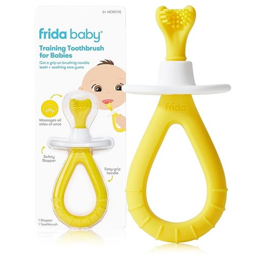 Frida Baby Training Toothbrush for Babies with Soft Silicone Bristles, Valentines Day Gifts for Kids, Yellow