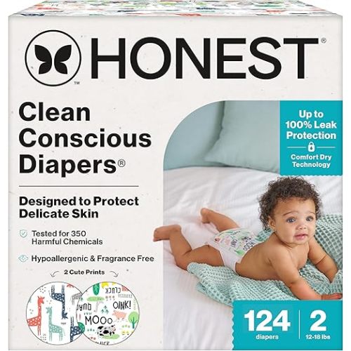 The Honest Company Clean Conscious Diapers for Sensitive Skin | Hypoallergenic, Fragrance Free | Gender Neutral Prints | Super Club Box, Size 2 (12-18 lbs), 124 Count (Prints May Temporarily Vary)