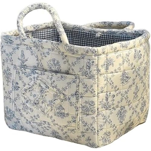 Quilted Laundry Basket Floral Storage Basket Cute Fabric Laundry Baskets Large Boho Foldable Nursery Hamper (Floral05)