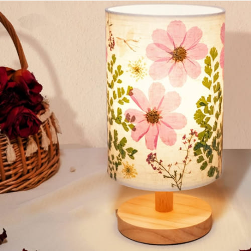 Dried Flowers Table Lamp 5W LED 3-color Pressed Flower Bedside Lamp Linen Shade Table Lamp with Wood Base for Bedroom Living Room Desk Office