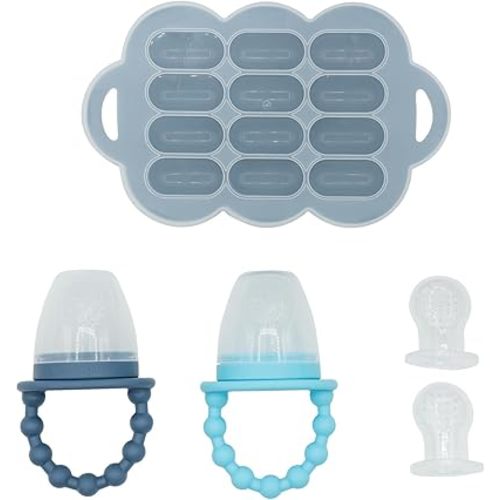 WeeSprout Silicone Baby Food Feeders + Freezer Tray for Batch Prep, Set of 2, Introduce New Foods Safely, Double as Teething Toys, Includes 2 Extra Pouches & Travel Lids, Dishwasher Safe