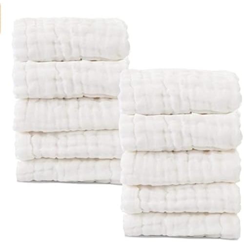 Baby Muslin Washcloths- Natural Cotton Wipes - Soft Newborn Face Towel for Sensitive Skin- Registry as Shower, 10 Pack 12x12 inches by MUKIN (White)