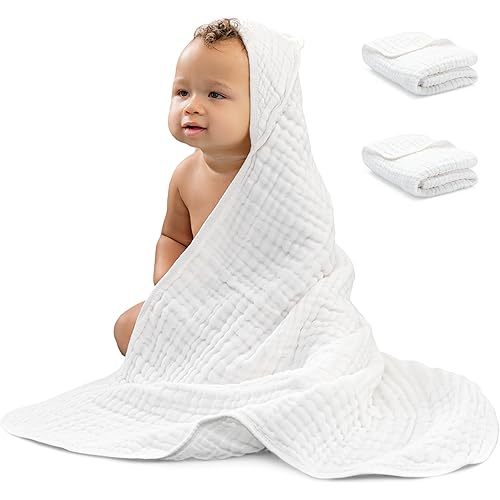 Comfy Cubs 2 Pack Baby Hooded 9 Layer Muslin Cotton Towel for Kids, Large 32” x 32”, Ultra Soft, Warm, and Absorbent. Baby Essentials Bath Towels, Cute Unisex Cover for Girls and Boys (2 Pack, White)