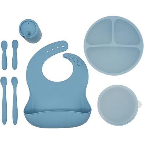 WeeSprout Baby Led Weaning Bundle, Silicone Suction Bowl, Spoons, Bib & Cup, Develops Self Feeding Skills, Dishwasher Safe (Blue)