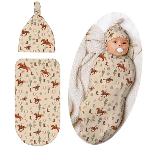 Qwalnely Western Swaddle Blanket for Baby, Swaddling Sleeping Sacks, Unisex Baby Stuff with Hat, Western