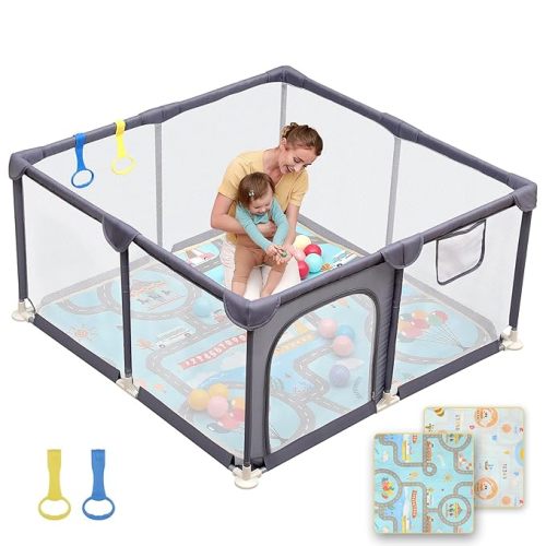 Dripex Baby Playpen, 47"x47" Small Playpen for Babies, Enhanced Safety Baby Play Yard for Indoor & Outdoor, Infant Play Pen with Soft Breathable Visible Mesh, Anti-Fall Design & Easy Setup, Grey