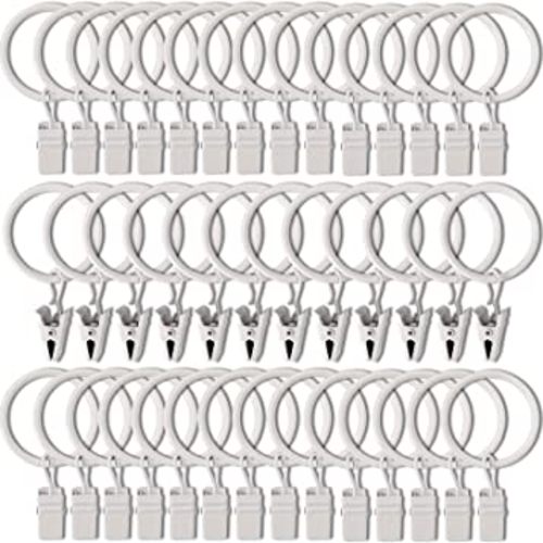 AMZSEVEN 40 Pack Curtain Rings with Clips, Drapery Clips with Rings, Hangers Drapes Rings 1.26 Inch Interior Diameter, Fits up to 1 Inch Curtain Rod, White