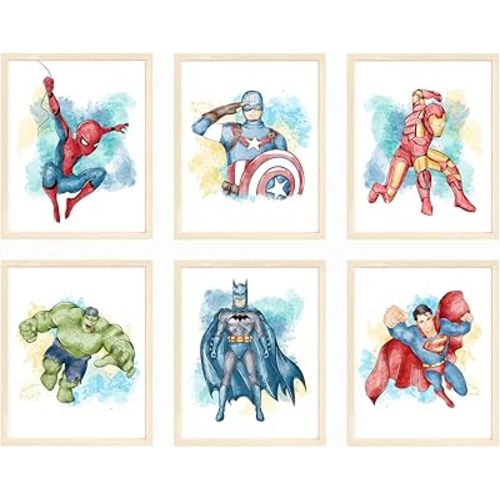 Nistio® Superhero Wall Decor, Superhero Wall Art for Boys Bedroom, Avengers Prints, Set of 6 Prints, Iron Man, Spiderman, Captain America, Hulk, Superman, Unframed, 8x10 inches