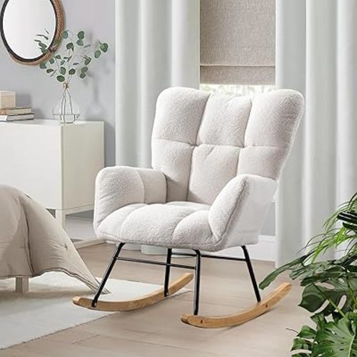 Rocking Chair Nursery, Teddy Upholstered Glider Rocker with High Backrest, Reading Chair Modern Rocking Accent Chairs Glider Recliner for Living Room, Nursery, Bedroom (White)