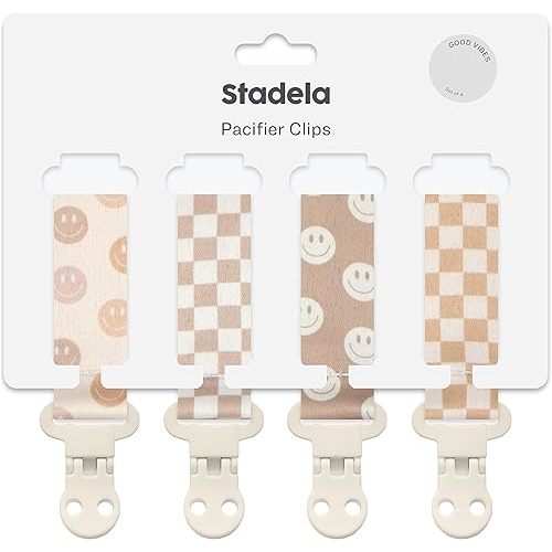 Baby Pacifier Clip Holder - Girl or Boy Unisex 4 Pack Gift Set - Retro Checker and Smiley Faces Design