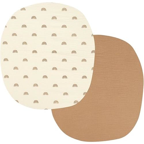 Muslin Bassinet Sheets 24" x21" Compatible with Graco Pack ‘n-Play Dome LX Bassinet, Small Round Bassinet Sheets 2 Pack 100% Cotton Natural and Rainbow